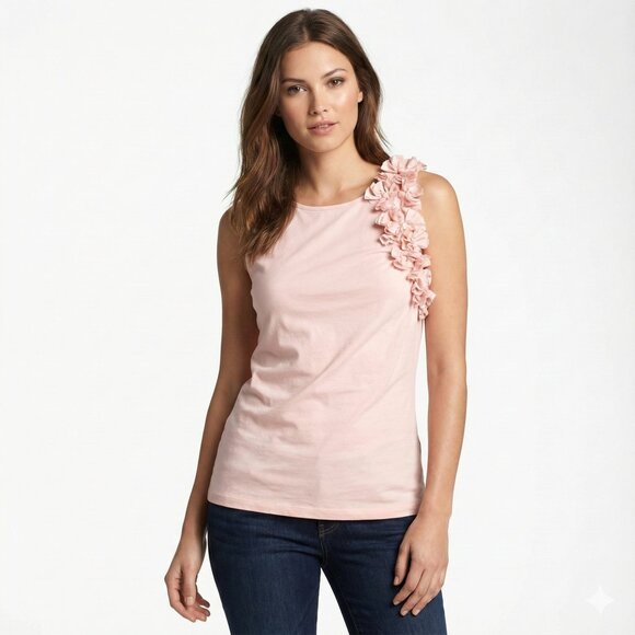 Mango Y2k 00s Blouse Tank Top cascading ruffles Size XS Pale Blush Pink Jersey - Picture 1 of 8